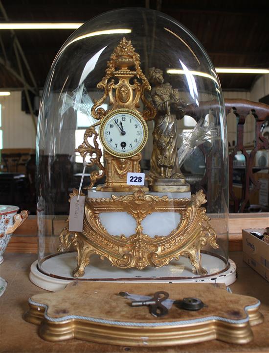 French gilt mantel clock under glass dome(-)